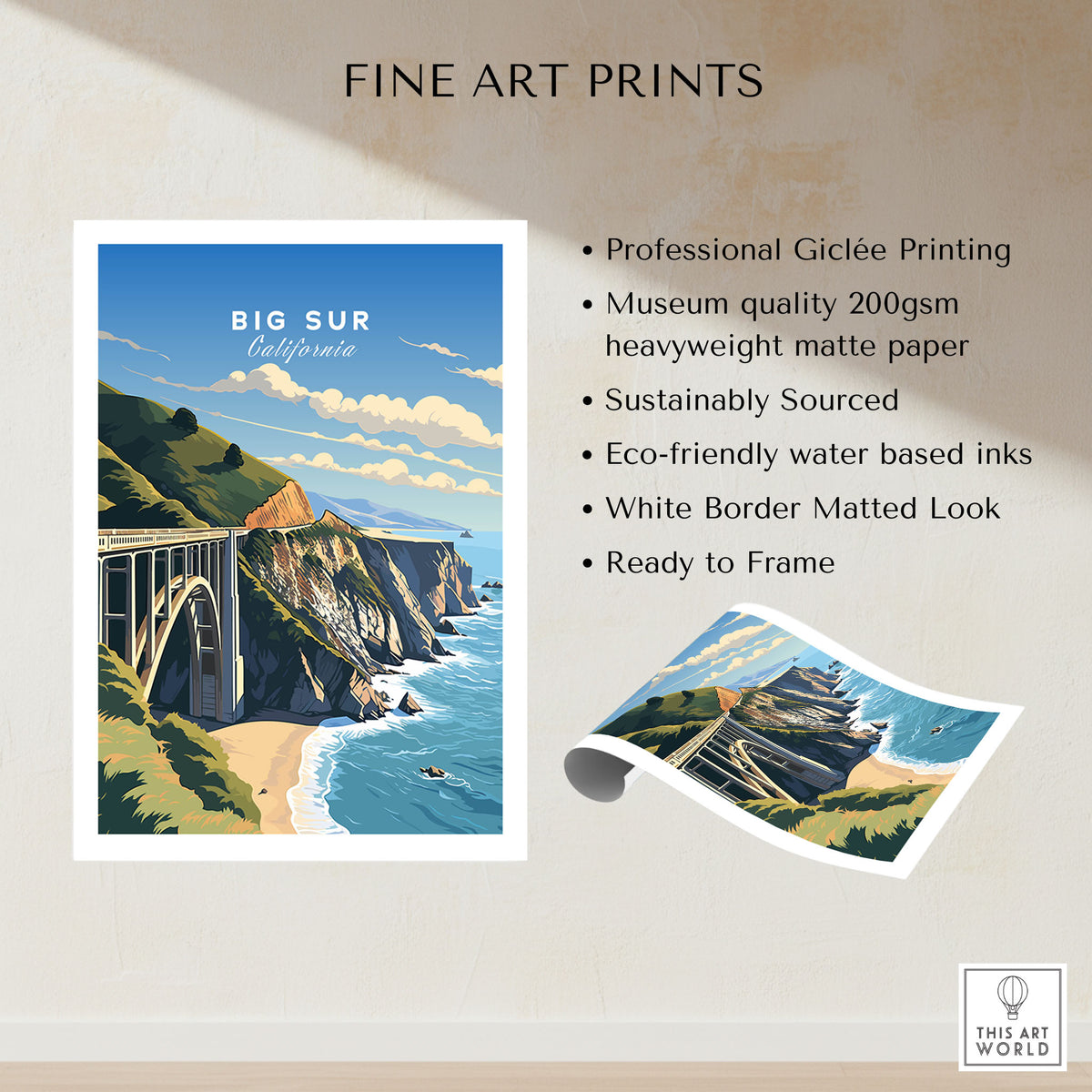 Big Sur Print fine art print specifications: giclee printing on 200gsm museum quality matte paper, ready to frame
