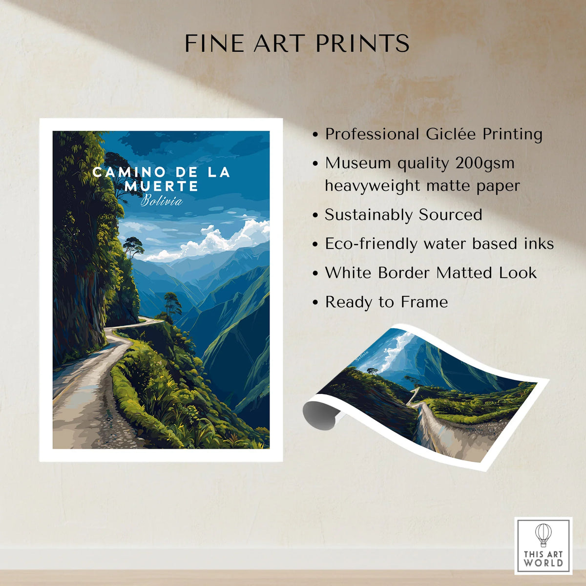 Camino de la Muerte Poster Bolivia Wall Art fine art print specifications: giclee printing on 200gsm museum quality matte paper, ready to frame