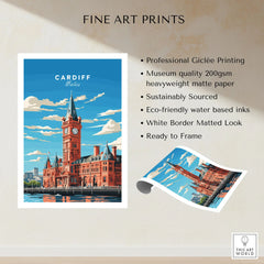 Cardiff Travel Poster fine art print specifications: giclee printing on 200gsm museum quality matte paper, ready to frame