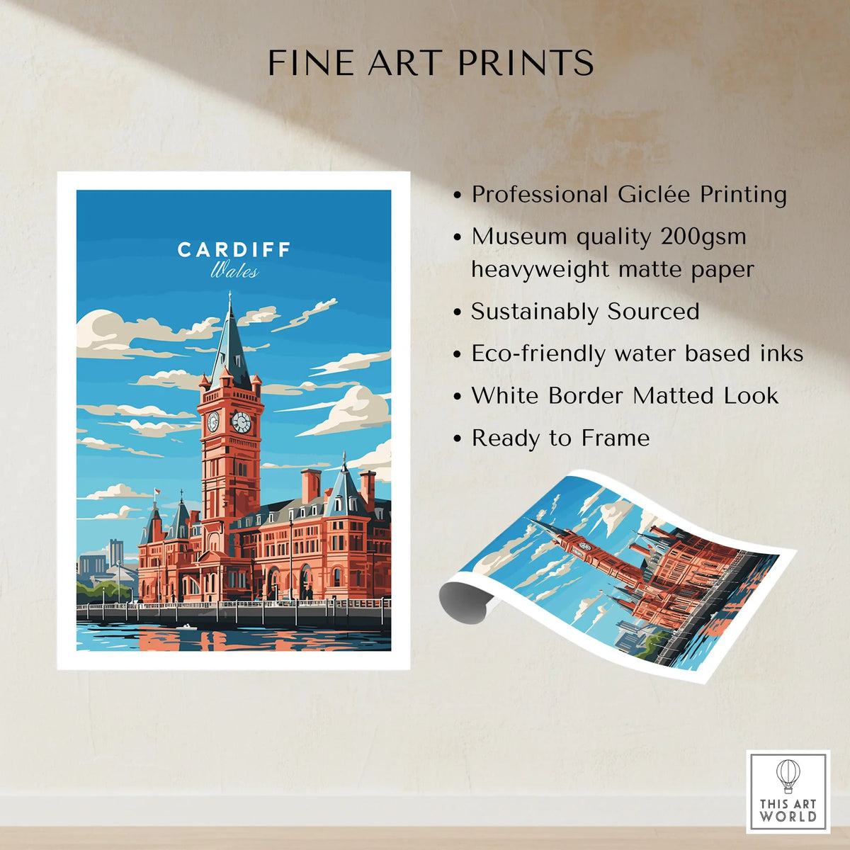 Cardiff Travel Poster fine art print specifications: giclee printing on 200gsm museum quality matte paper, ready to frame