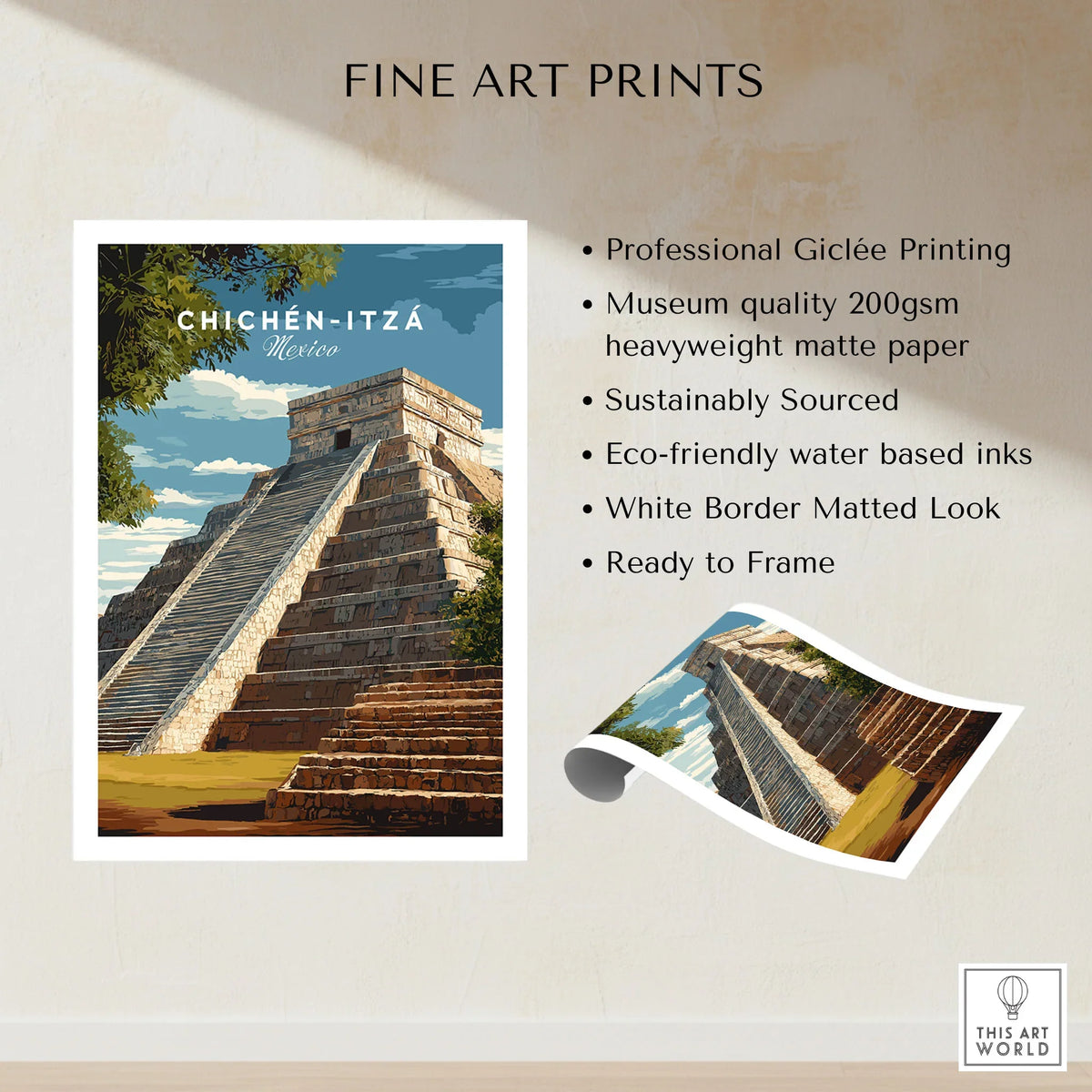 Chichén Itzá Mexico Travel Print El Castillo Pyramid Poster Mayan Ruins Wall Art fine art print specifications: giclee printing on 200gsm museum quality matte paper, ready to frame