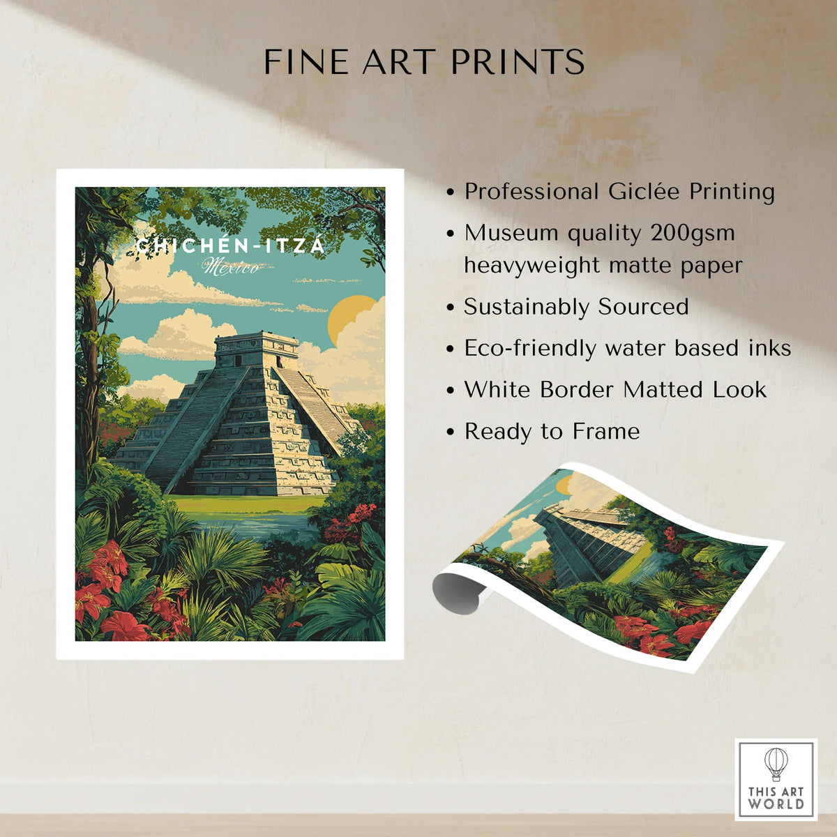 Chichén Itzá Mexico Travel Poster Pyramid Jungle Print Mayan Ruins Wall Art Decor fine art print specifications: giclee printing on 200gsm museum quality matte paper, ready to frame