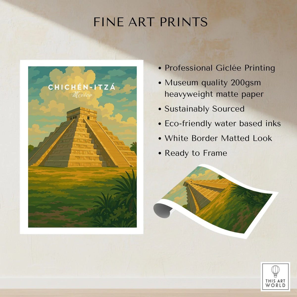 Chichén Itzá Mexico El Castillo Pyramid Travel Print Mayan Landscape Poster Wall Art fine art print specifications: giclee printing on 200gsm museum quality matte paper, ready to frame