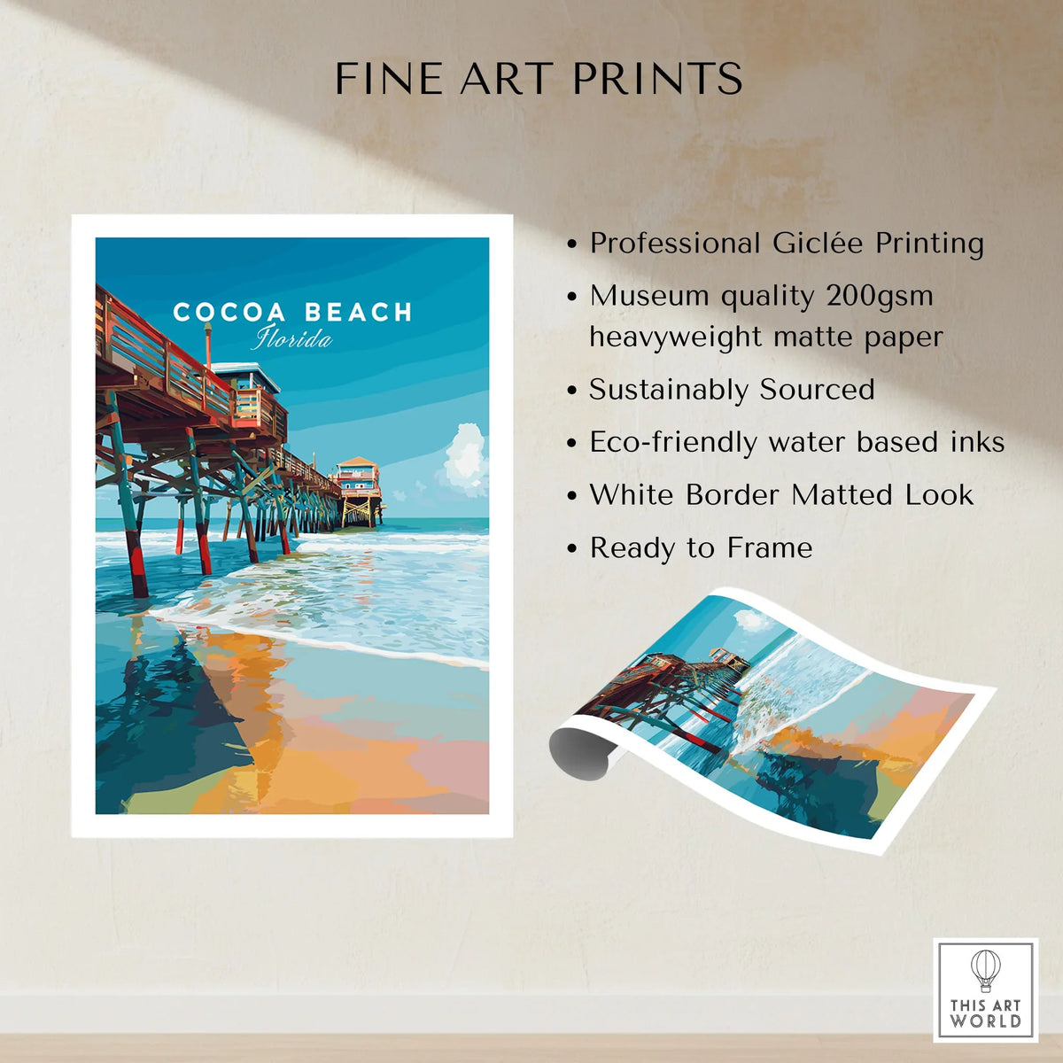 Cocoa Beach Florida Pier Print - Coastal Florida Wall Art fine art print specifications: giclee printing on 200gsm museum quality matte paper, ready to frame