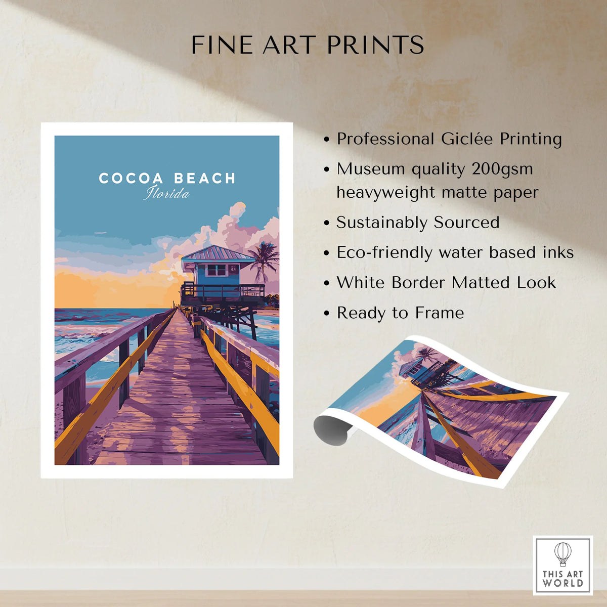 Cocoa Beach Boardwalk Print - Florida Sunset Wall Art fine art print specifications: giclee printing on 200gsm museum quality matte paper, ready to frame