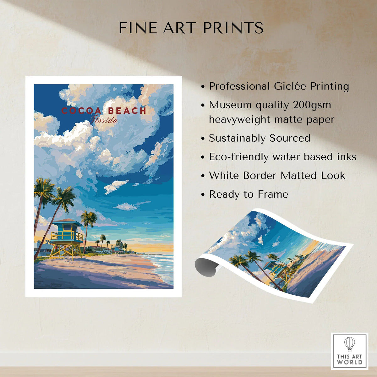 Cocoa Beach Lifeguard Tower Poster - Palm Tree Beach Wall Art fine art print specifications: giclee printing on 200gsm museum quality matte paper, ready to frame