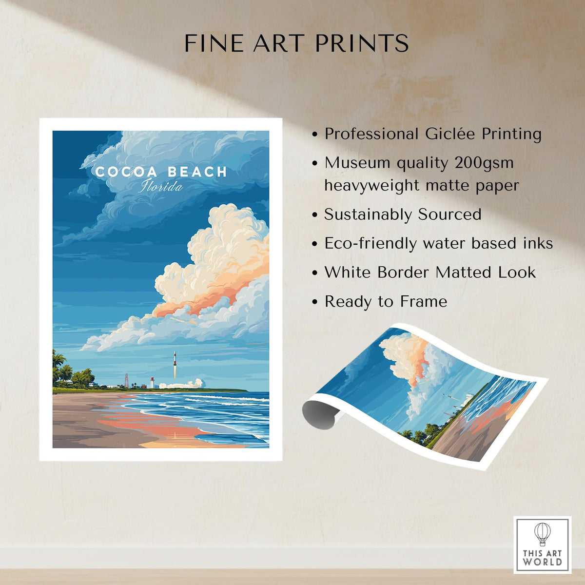 Cocoa Beach Florida Rocket Launch Print - Space Coast Wall Art fine art print specifications: giclee printing on 200gsm museum quality matte paper, ready to frame