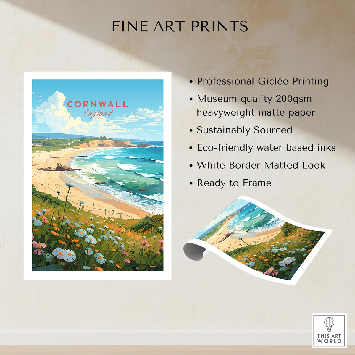 Cornwall Art Print fine art print specifications: giclee printing on 200gsm museum quality matte paper, ready to frame