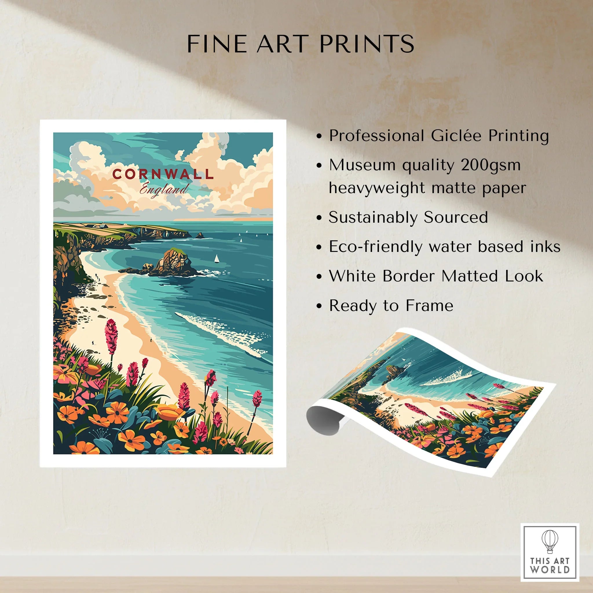 Cornwall Wall Art Print - United Kingdom Travel Poster fine art print specifications: giclee printing on 200gsm museum quality matte paper, ready to frame