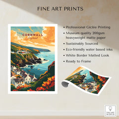 Cornwall Travel Print fine art print specifications: giclee printing on 200gsm museum quality matte paper, ready to frame