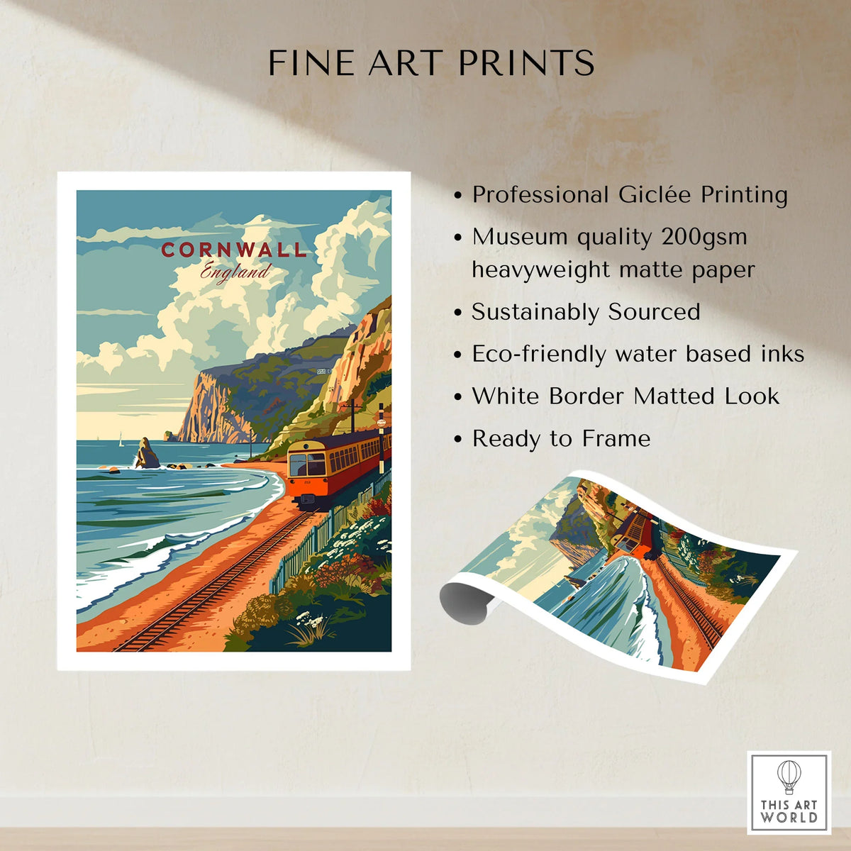 Cornwall Coast Travel Print fine art print specifications: giclee printing on 200gsm museum quality matte paper, ready to frame