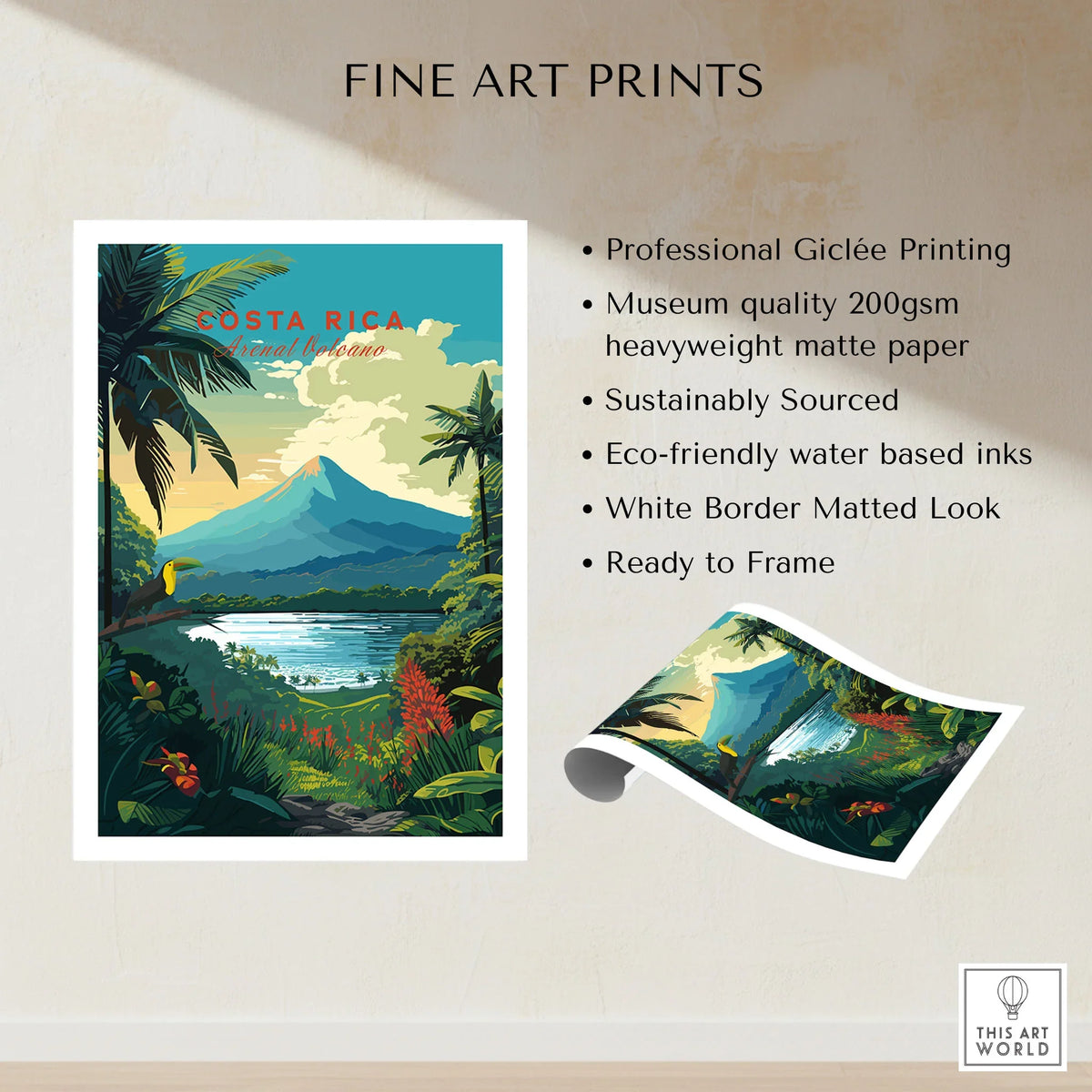 Costa Rica Print fine art print specifications: giclee printing on 200gsm museum quality matte paper, ready to frame