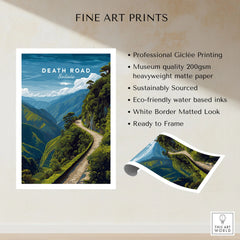 Death Road Andes Print | Yungas Road Poster fine art print specifications: giclee printing on 200gsm museum quality matte paper, ready to frame