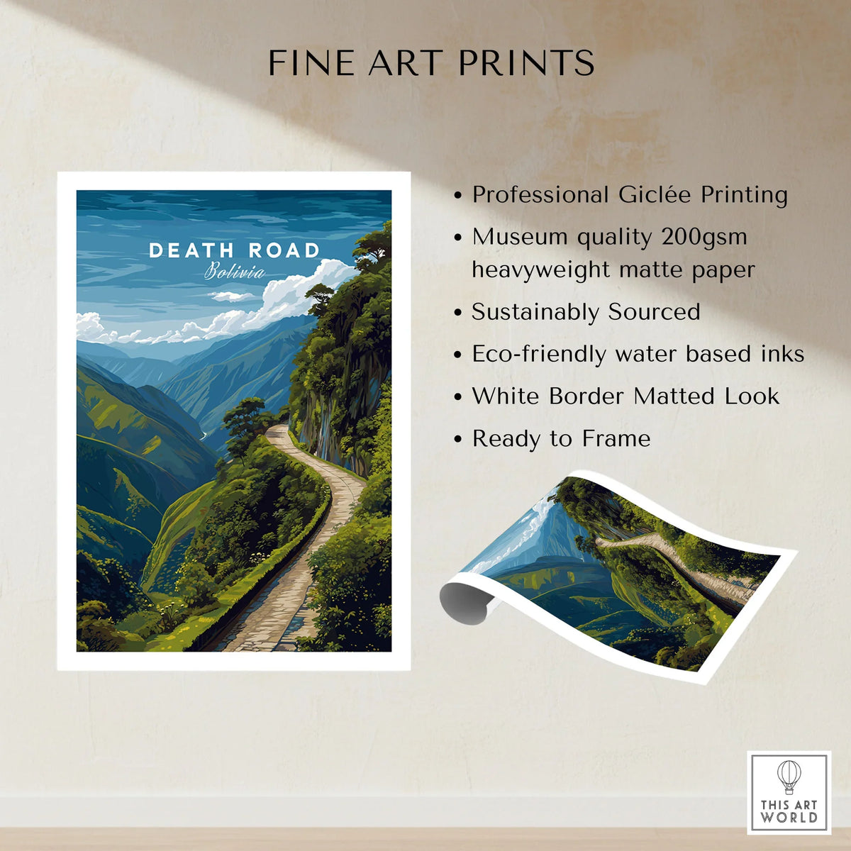 Death Road Andes Print | Yungas Road Poster fine art print specifications: giclee printing on 200gsm museum quality matte paper, ready to frame