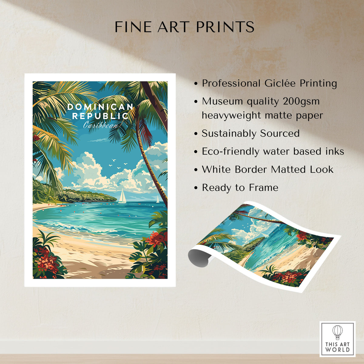 Dominican Republic Travel Print fine art print specifications: giclee printing on 200gsm museum quality matte paper, ready to frame
