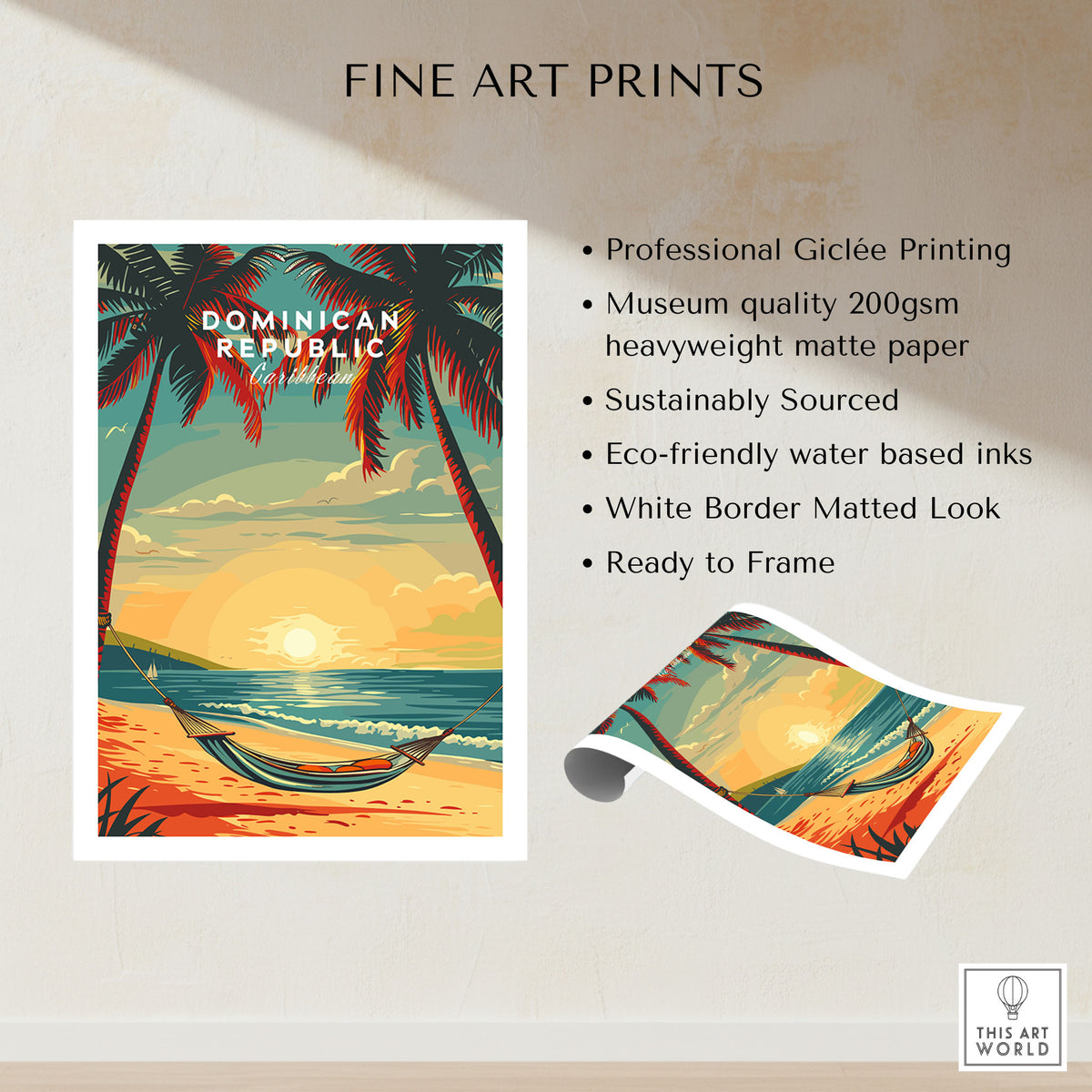 Dominican Republic Travel Poster fine art print specifications: giclee printing on 200gsm museum quality matte paper, ready to frame