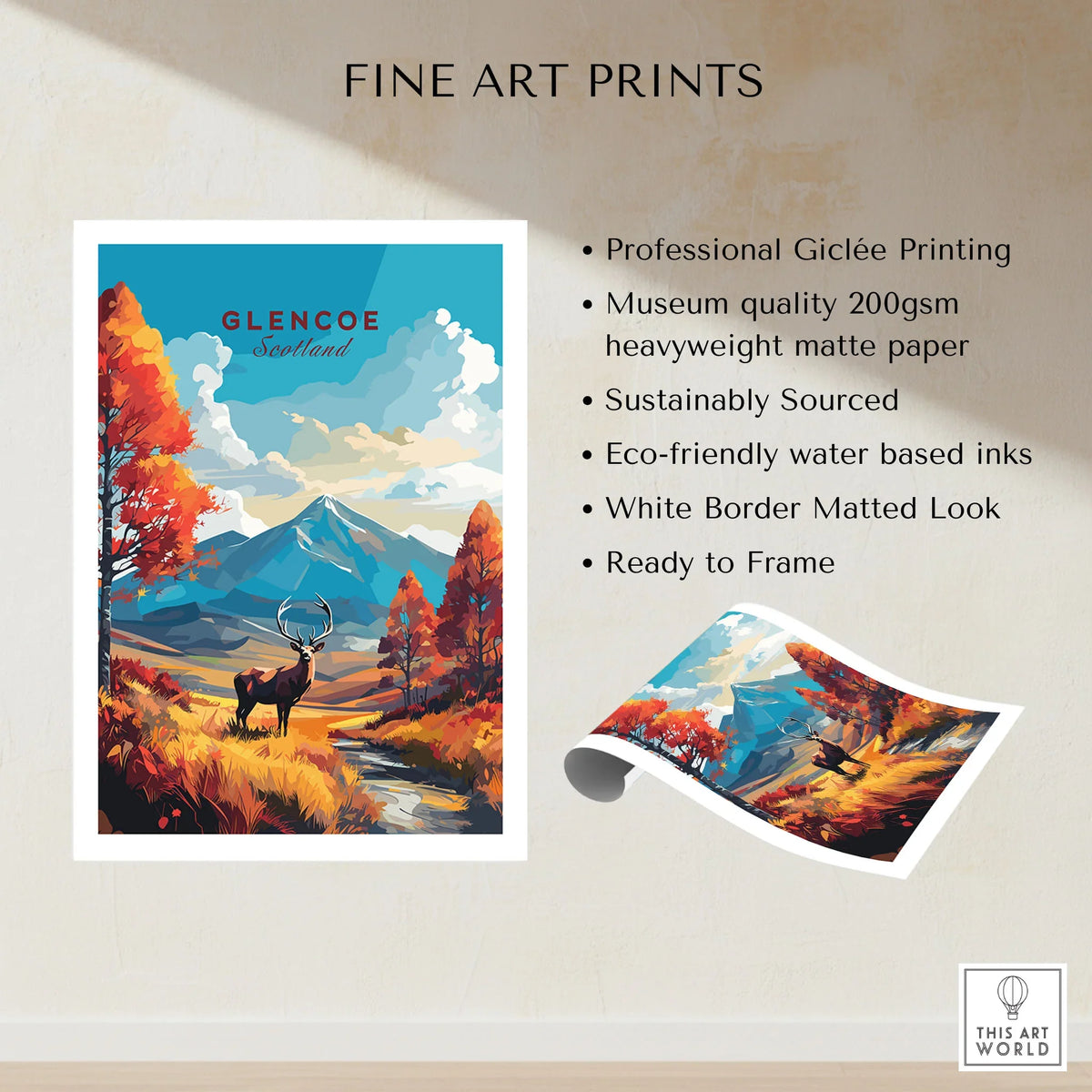 Glencoe Art Print fine art print specifications: giclee printing on 200gsm museum quality matte paper, ready to frame