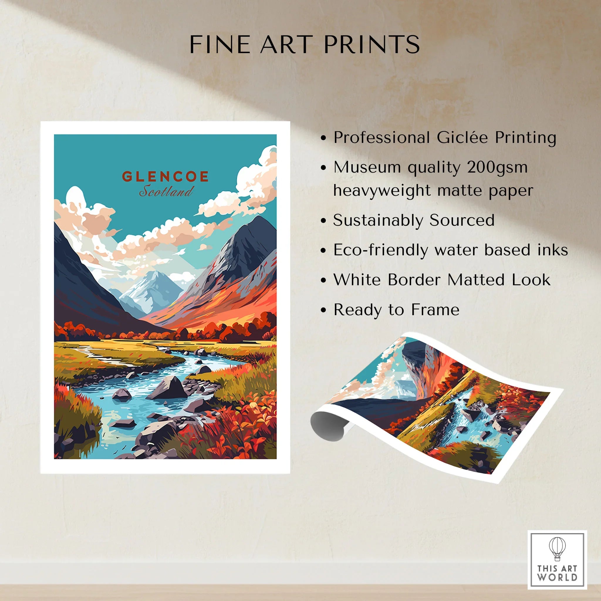 Glencoe Poster Print fine art print specifications: giclee printing on 200gsm museum quality matte paper, ready to frame