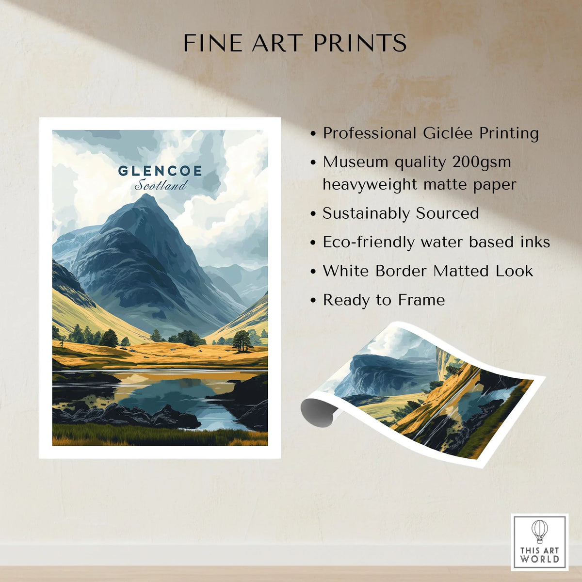 Glencoe Travel Print fine art print specifications: giclee printing on 200gsm museum quality matte paper, ready to frame
