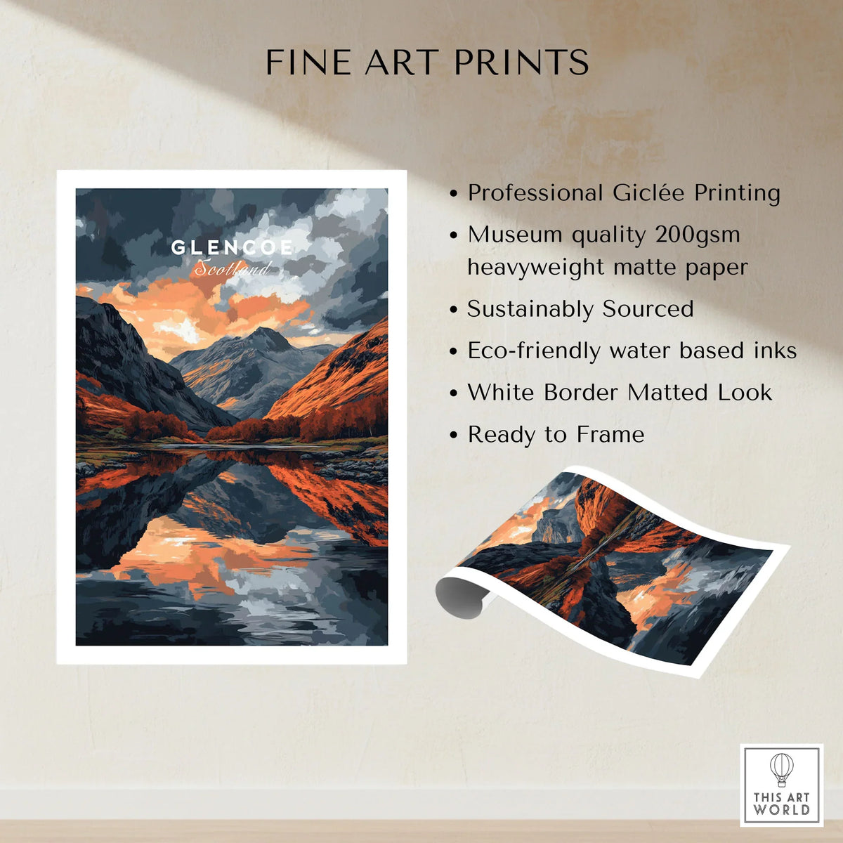 Glencoe Wall Art fine art print specifications: giclee printing on 200gsm museum quality matte paper, ready to frame