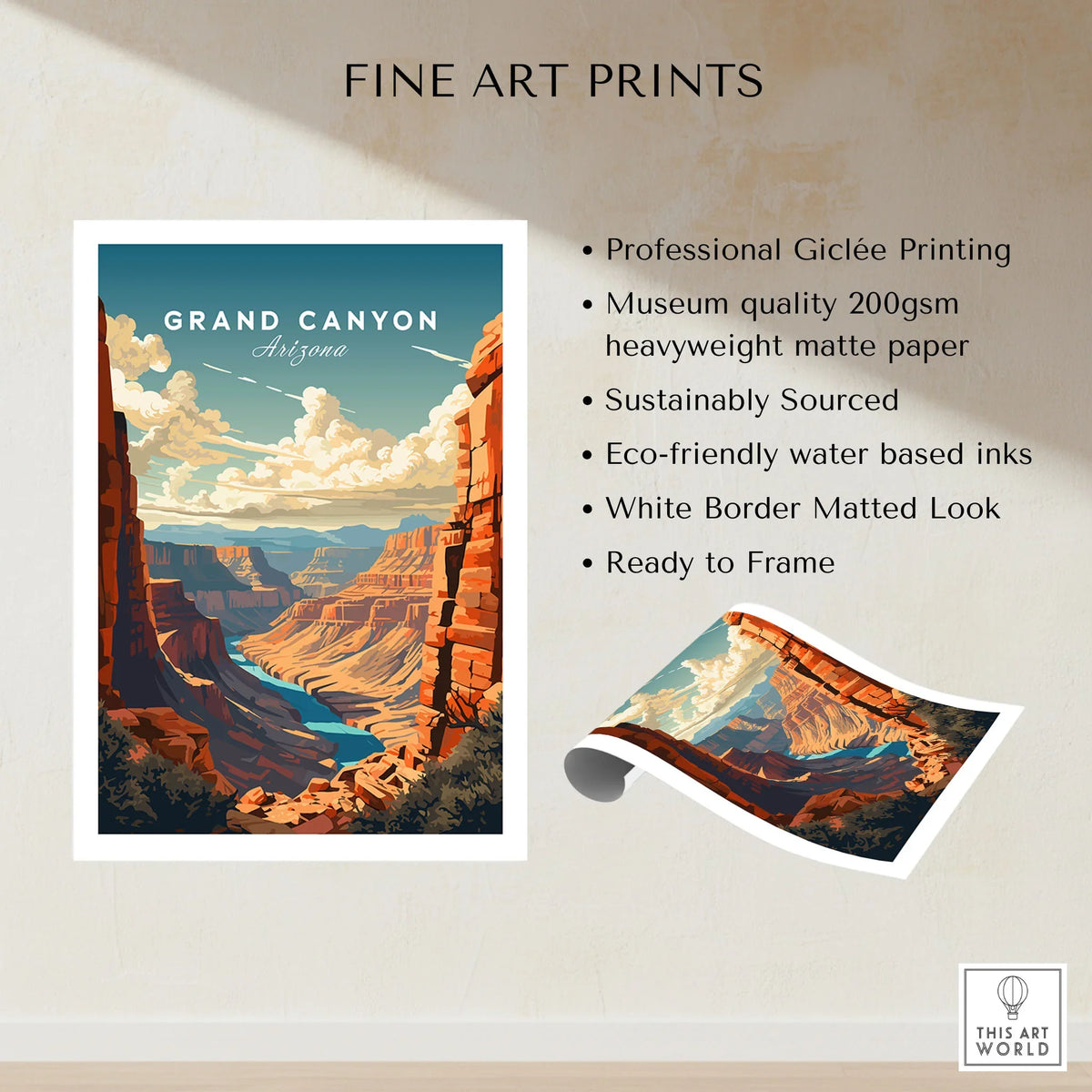 Grand Canyon Poster fine art print specifications: giclee printing on 200gsm museum quality matte paper, ready to frame