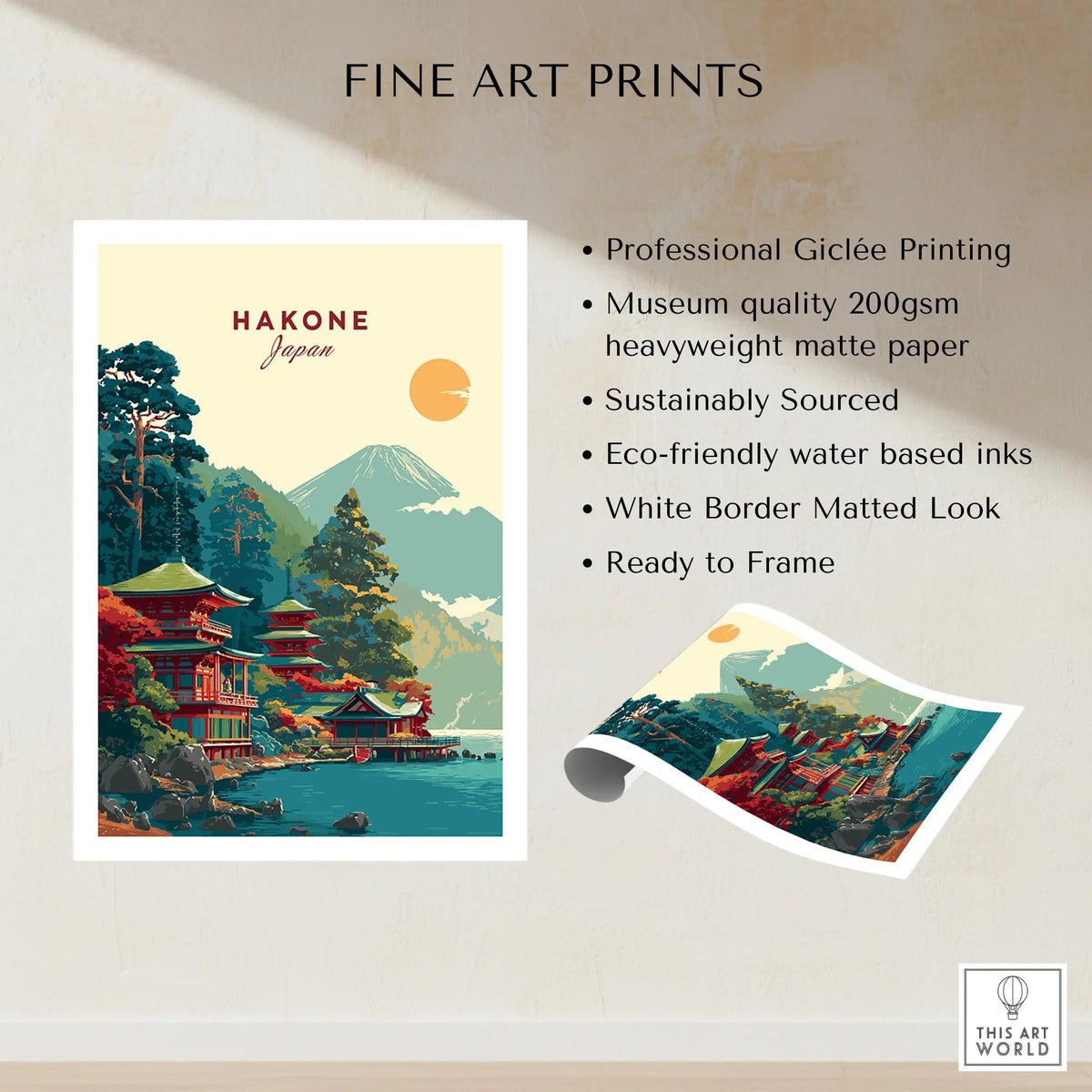 Hakone Japan Lake Ashi Temple Print - Japanese Pagoda Wall Art fine art print specifications: giclee printing on 200gsm museum quality matte paper, ready to frame