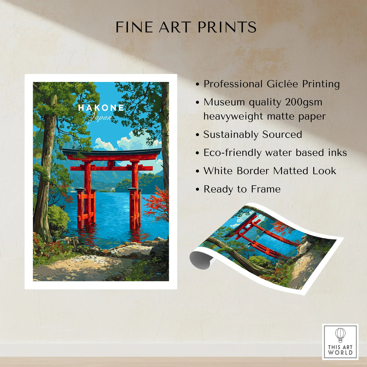 Hakone Japan Lake Ashi Torii Gate Poster - Floating Gate Wall Art fine art print specifications: giclee printing on 200gsm museum quality matte paper, ready to frame