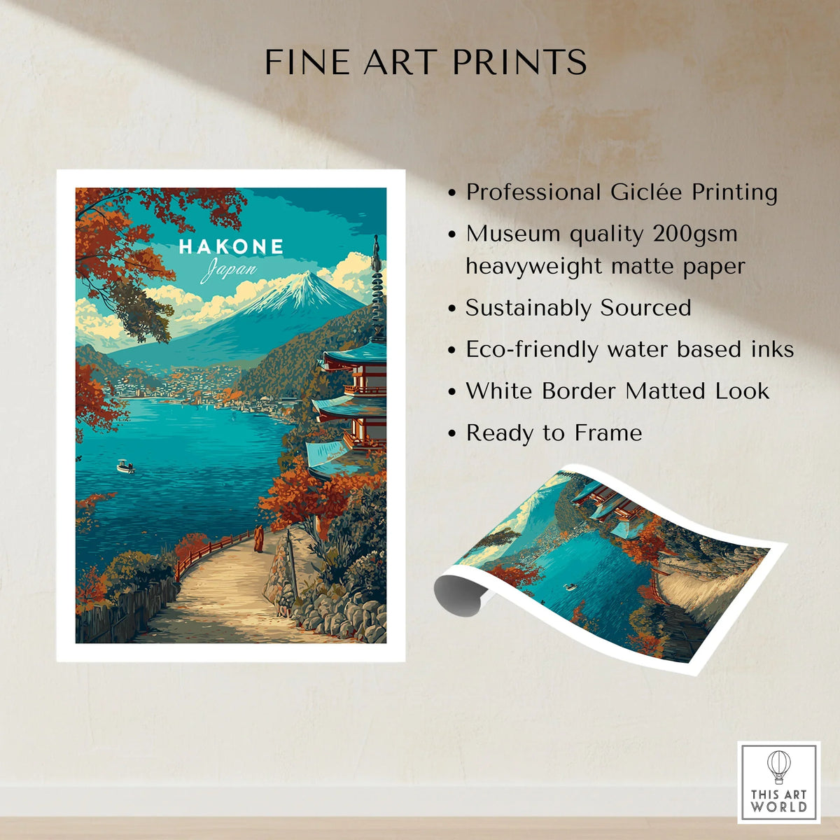 Hakone Print Japan Lake View Pagoda - Mount Fuji Scenic Poster fine art print specifications: giclee printing on 200gsm museum quality matte paper, ready to frame
