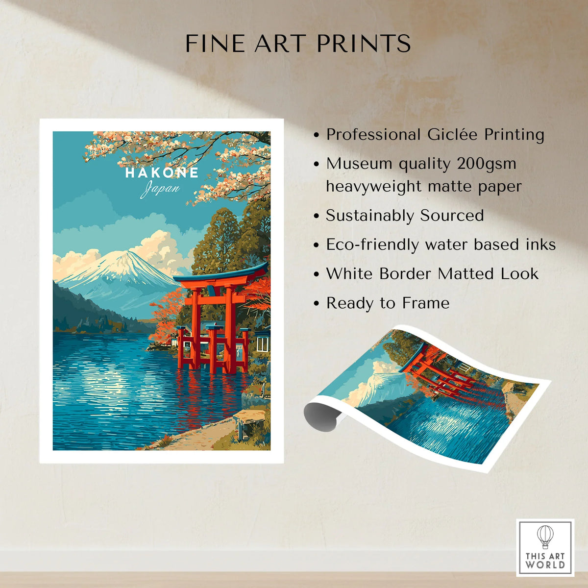 HakonePrint Japan Peace Shrine Torii Artwork - Mount Fuji Lake Ashi Poster fine art print specifications: giclee printing on 200gsm museum quality matte paper, ready to frame