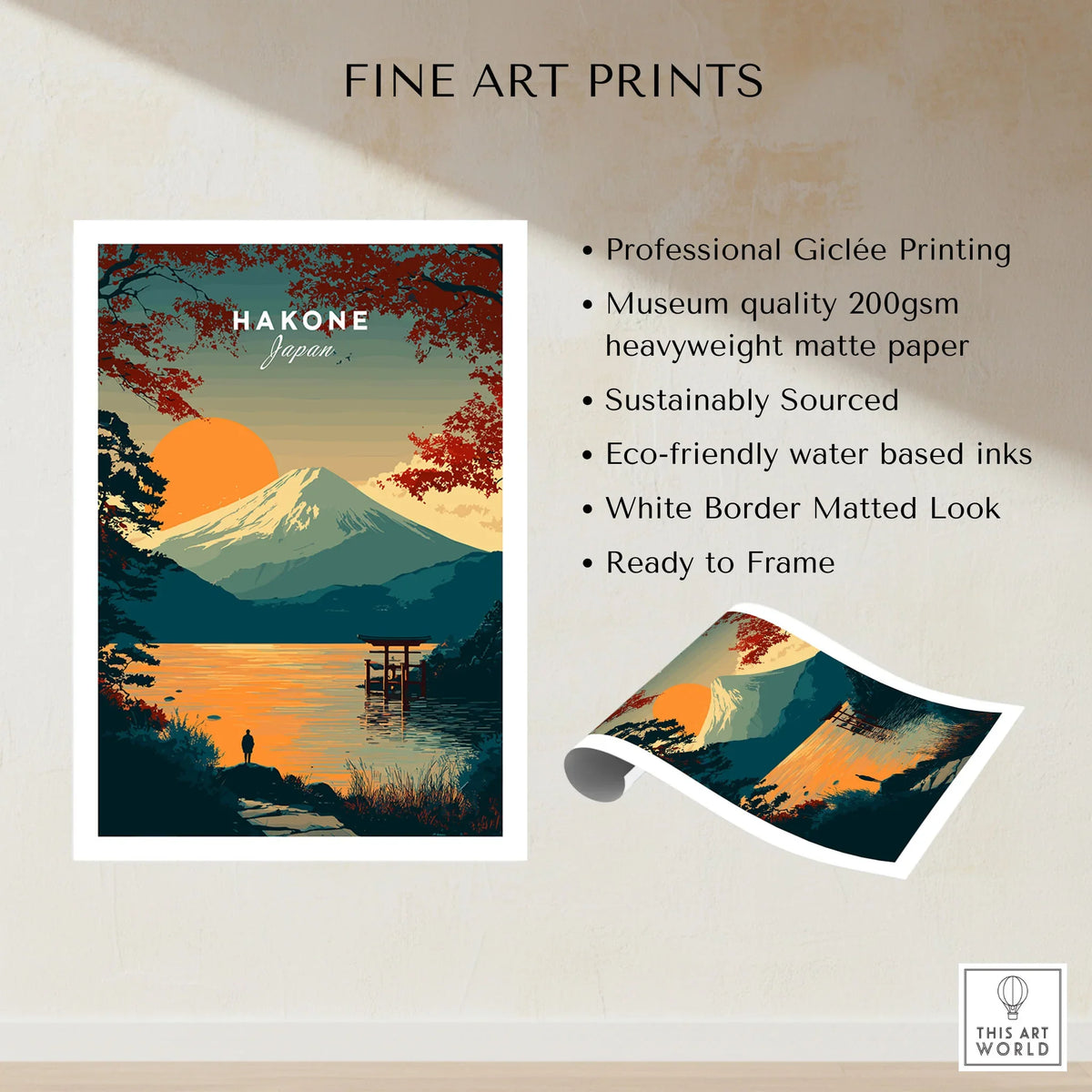 Hakone Japan Torii Gate Sunset Poster - Mount Fuji Lake Scene Print fine art print specifications: giclee printing on 200gsm museum quality matte paper, ready to frame