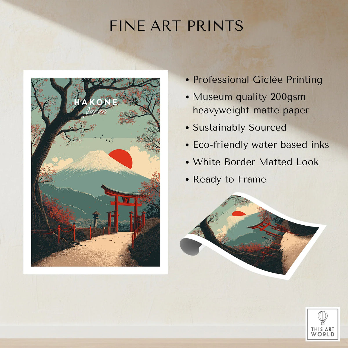 Hakone Japan Torii Gate Mount Fuji Print - Iconic Japanese Poster fine art print specifications: giclee printing on 200gsm museum quality matte paper, ready to frame