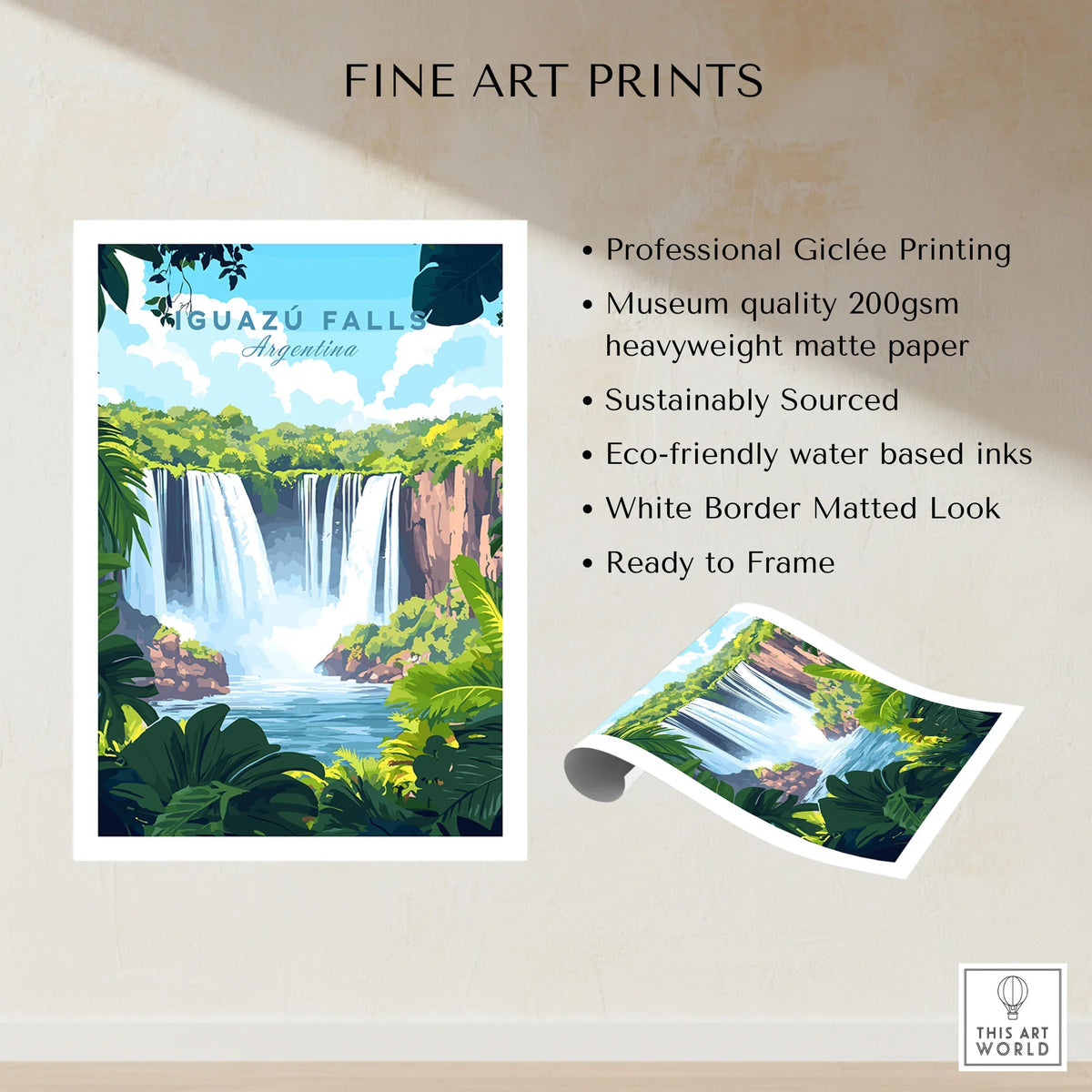 Iguazu Falls Travel Print fine art print specifications: giclee printing on 200gsm museum quality matte paper, ready to frame