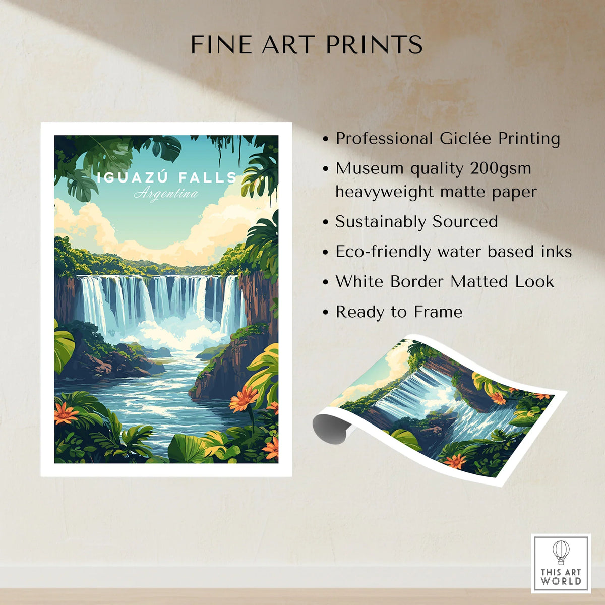 Iguazu Falls Print Argentina fine art print specifications: giclee printing on 200gsm museum quality matte paper, ready to frame