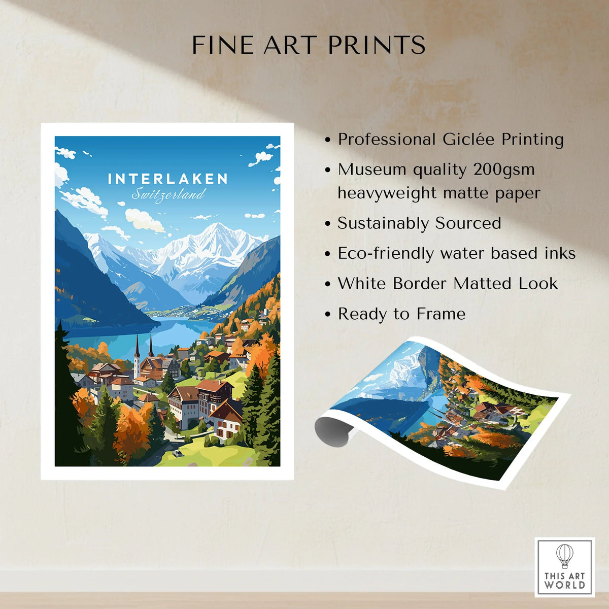 Interlaken Poster fine art print specifications: giclee printing on 200gsm museum quality matte paper, ready to frame
