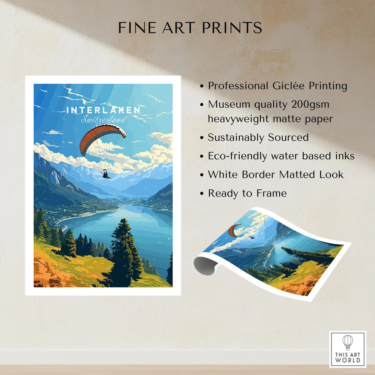 Interlaken Switzerland Poster fine art print specifications: giclee printing on 200gsm museum quality matte paper, ready to frame