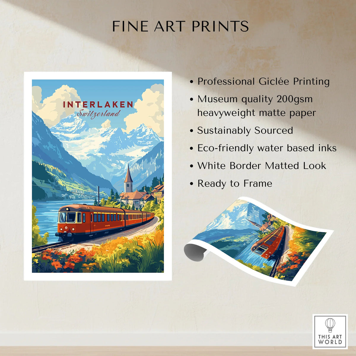 Interlaken Travel Print fine art print specifications: giclee printing on 200gsm museum quality matte paper, ready to frame
