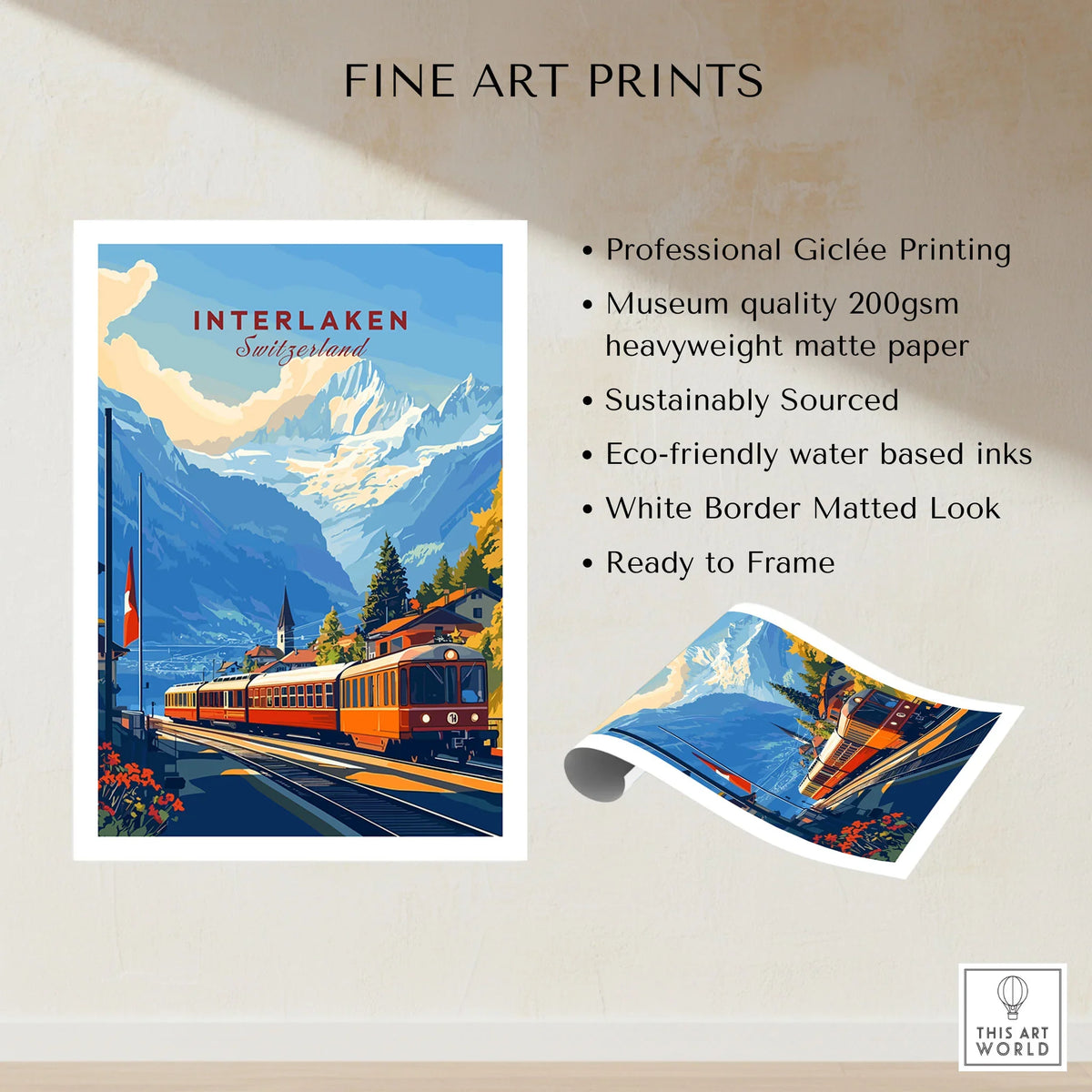 Interlaken Wall Art fine art print specifications: giclee printing on 200gsm museum quality matte paper, ready to frame