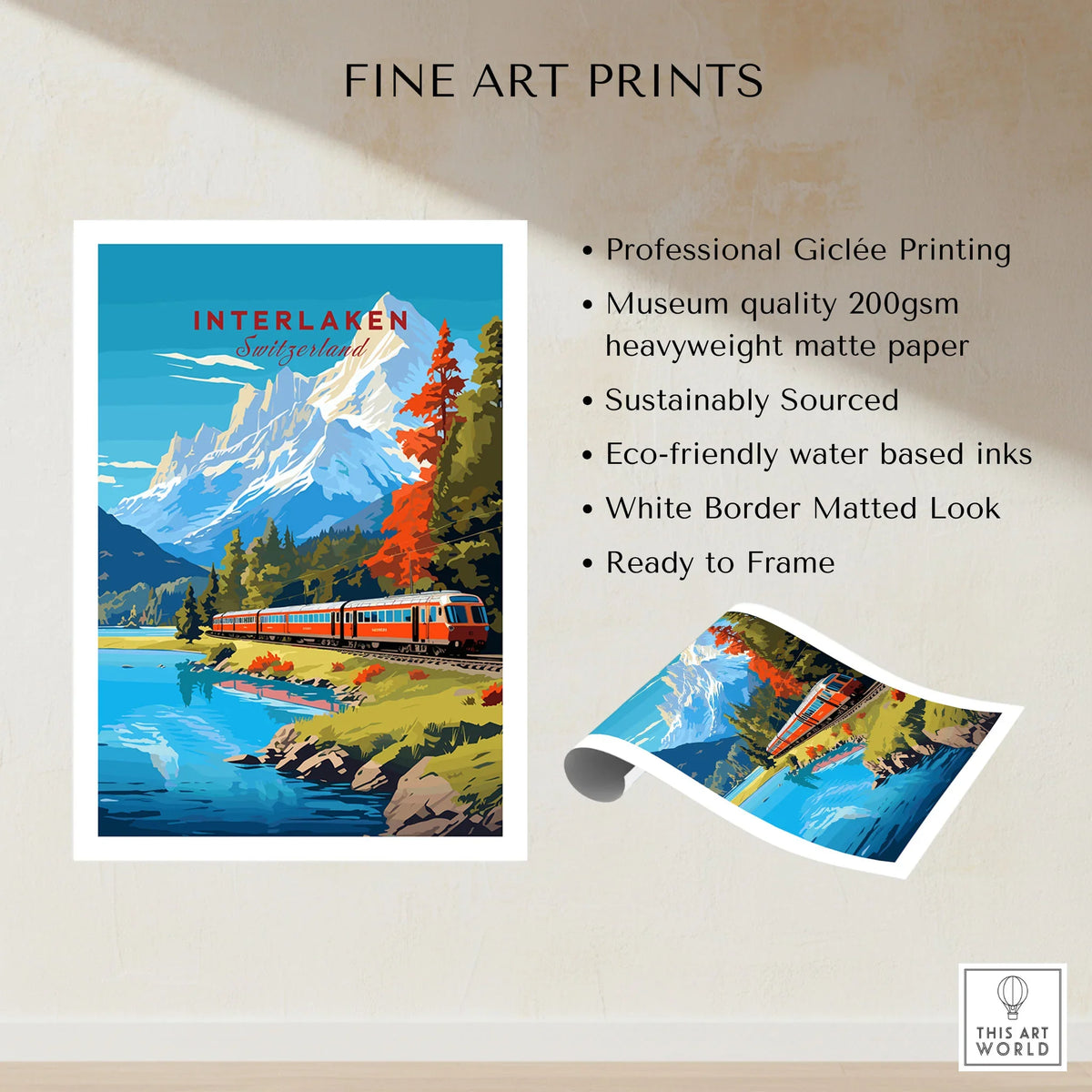 Interlaken Print Switzerland fine art print specifications: giclee printing on 200gsm museum quality matte paper, ready to frame