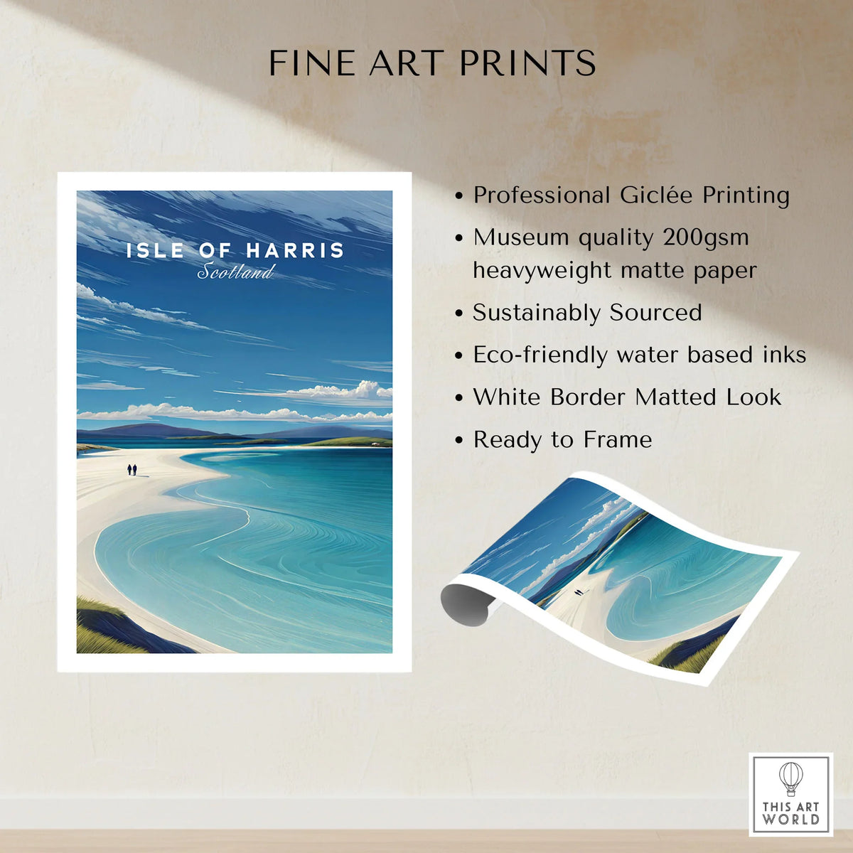 Isle of Harris Scotland Luskentyre Beach Print - White Sand Coastal Wall Art fine art print specifications: giclee printing on 200gsm museum quality matte paper, ready to frame