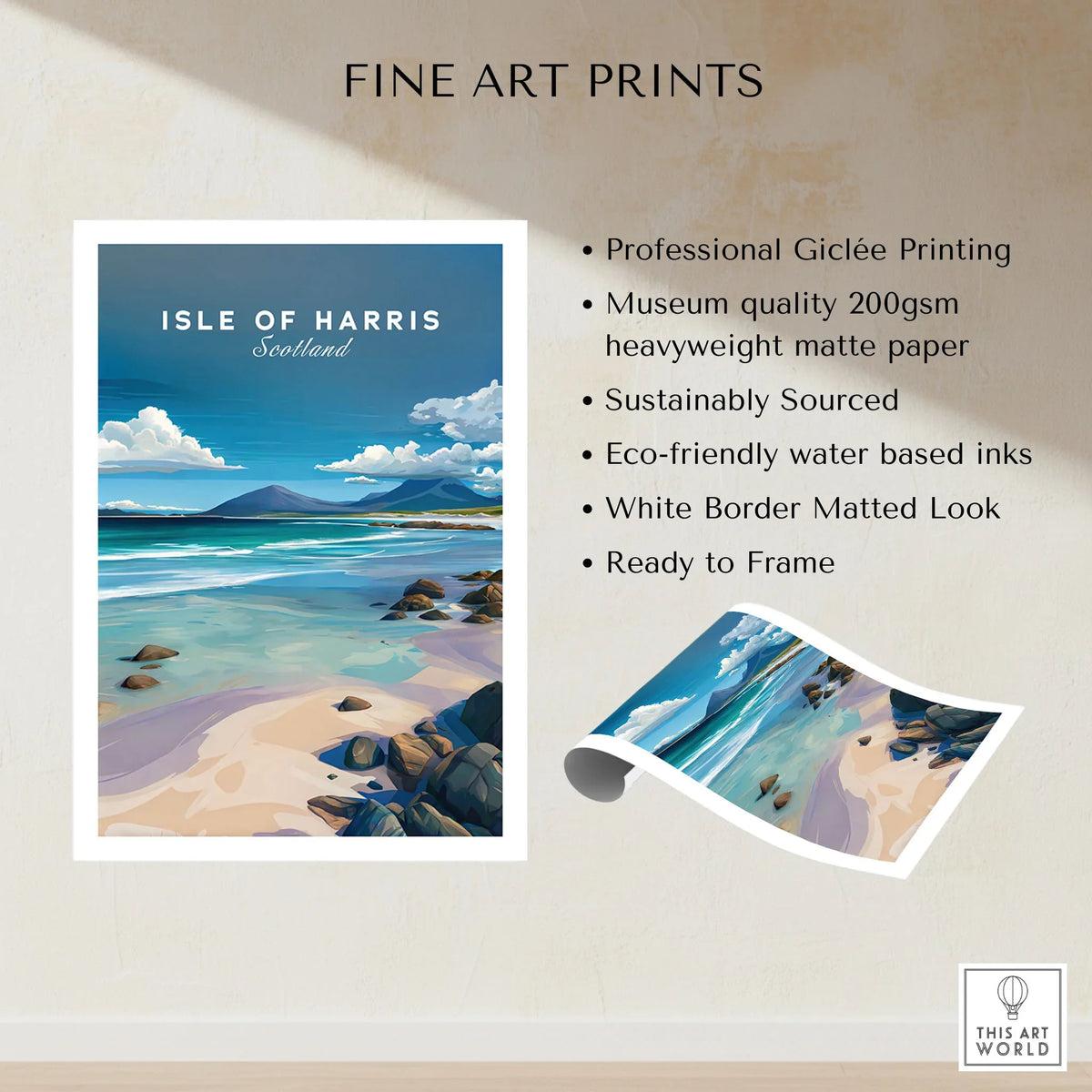 Isle of Harris Scotland Blue Sky Beach Print - Rocky Coastline Wall Art fine art print specifications: giclee printing on 200gsm museum quality matte paper, ready to frame