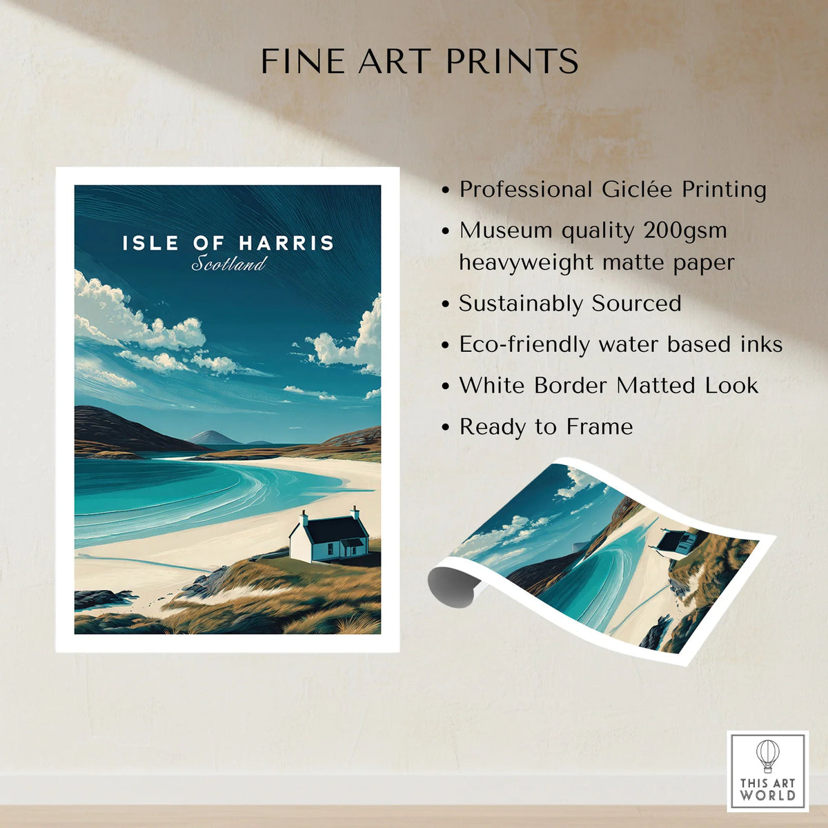 Isle of Harris Scotland Beach House Seascape Poster - Remote Scottish Isle Print fine art print specifications: giclee printing on 200gsm museum quality matte paper, ready to frame