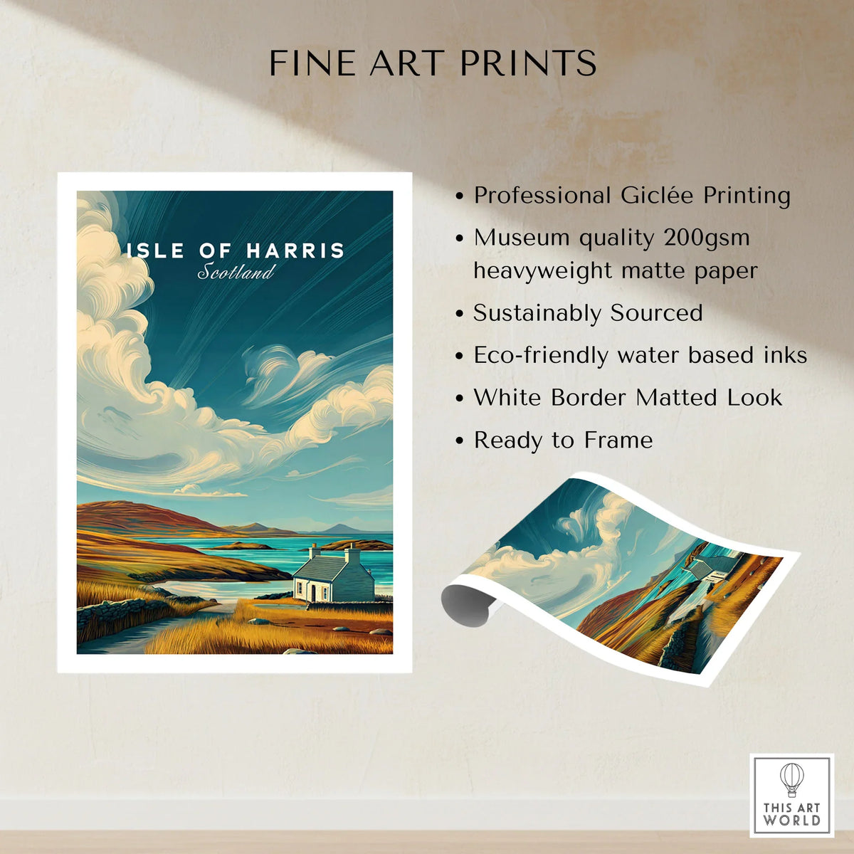 Isle of Harris Print Scotland Coastal Cottage Landscape - Rolling Hills Wall Art fine art print specifications: giclee printing on 200gsm museum quality matte paper, ready to frame