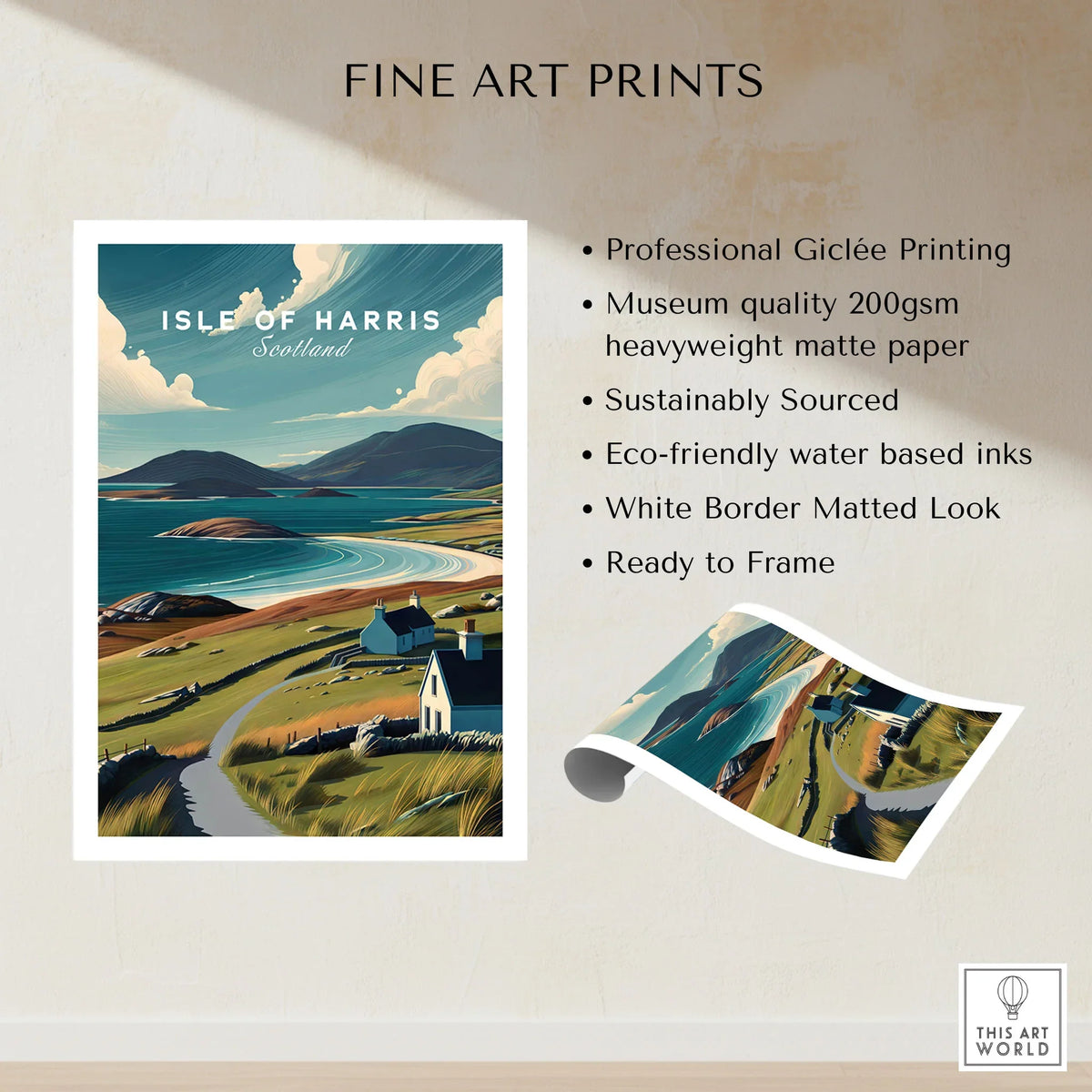 Isle of Harris Scotland Beach Print - Scenic Coastal Wall Art fine art print specifications: giclee printing on 200gsm museum quality matte paper, ready to frame