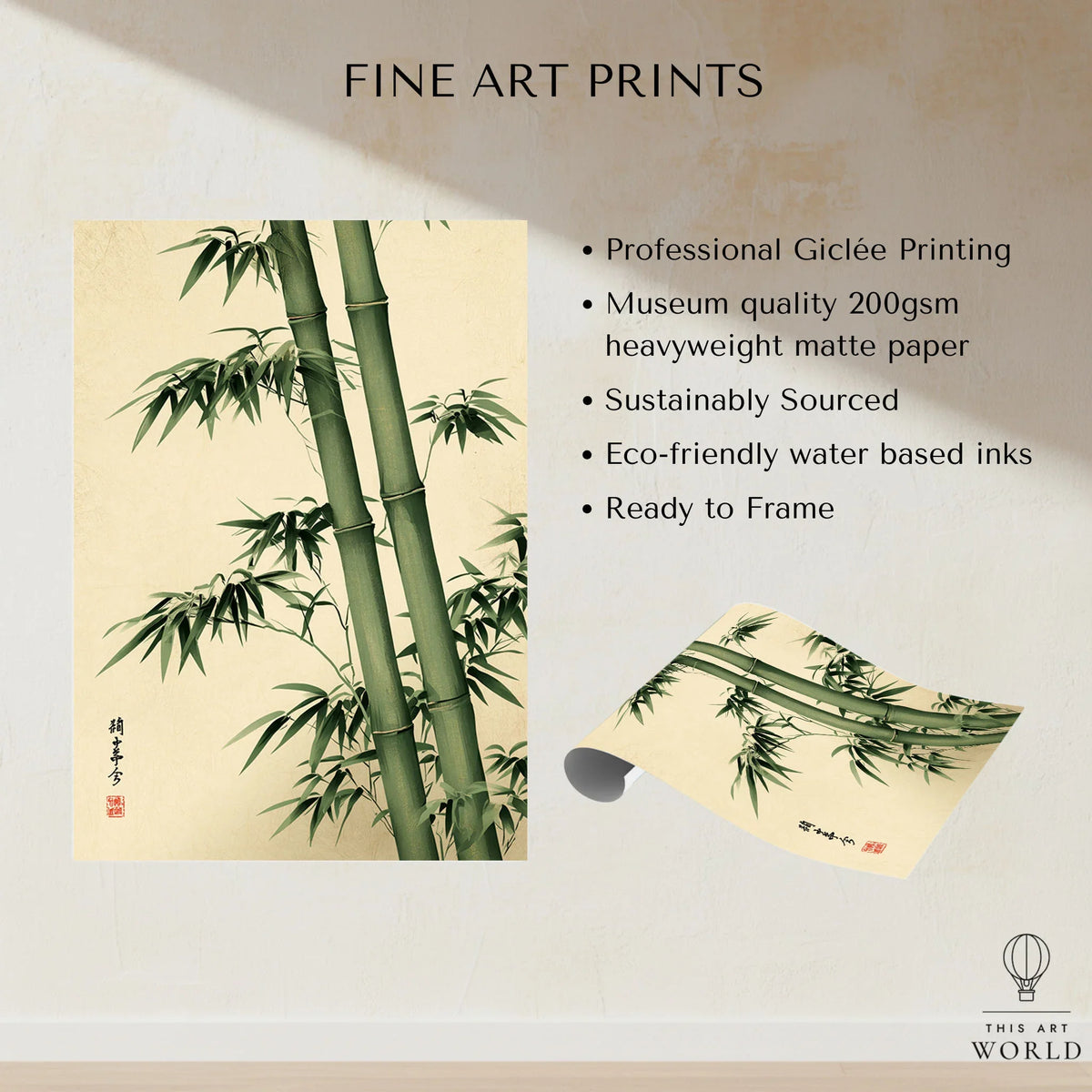 Bamboo Art Print – Green Japanese Botanical Wall Art — fine art print unframed quality details