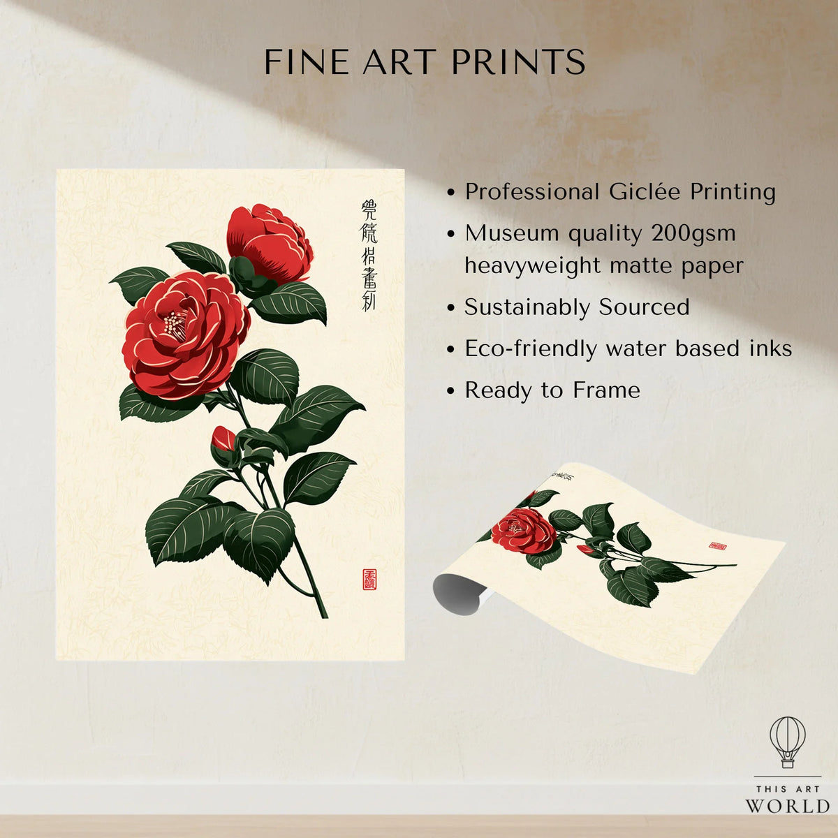 Red Camellia Art Print – Japanese Botanical Wall Art — fine art print unframed quality details