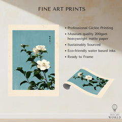Camellia Wall Art – Blue Japanese Botanical Print — fine art print unframed quality details