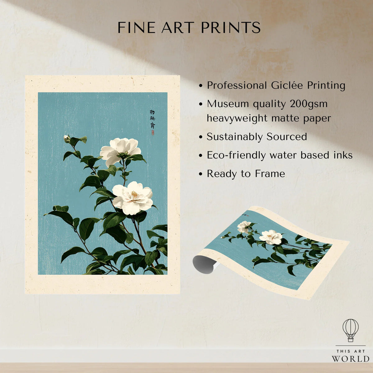 Camellia Wall Art – Blue Japanese Botanical Print — fine art print unframed quality details