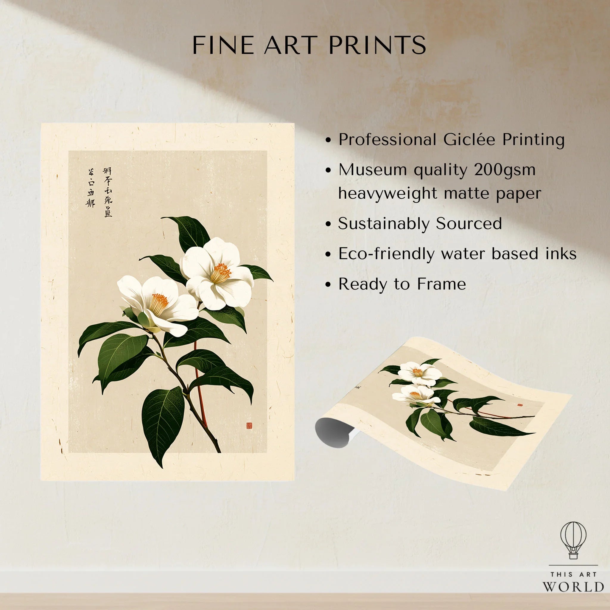 Camellia Art Print – Vintage Japanese Flower Wall Art — fine art print unframed quality details