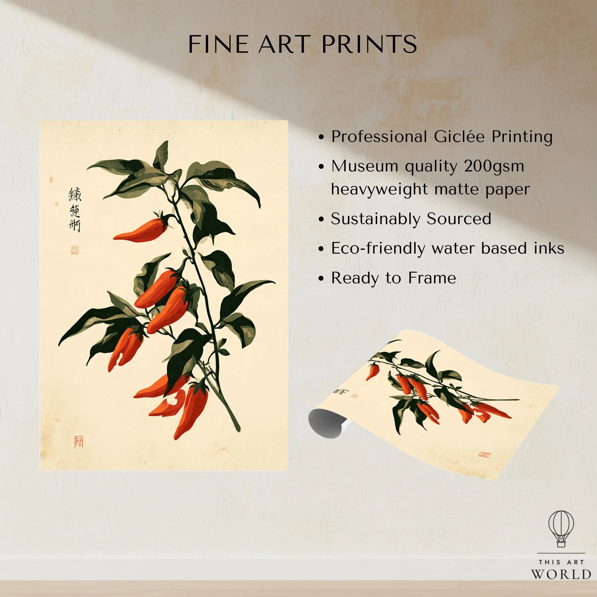 Red Chilli Art Print – Japanese Botanical Kitchen Wall Art — fine art print unframed quality details