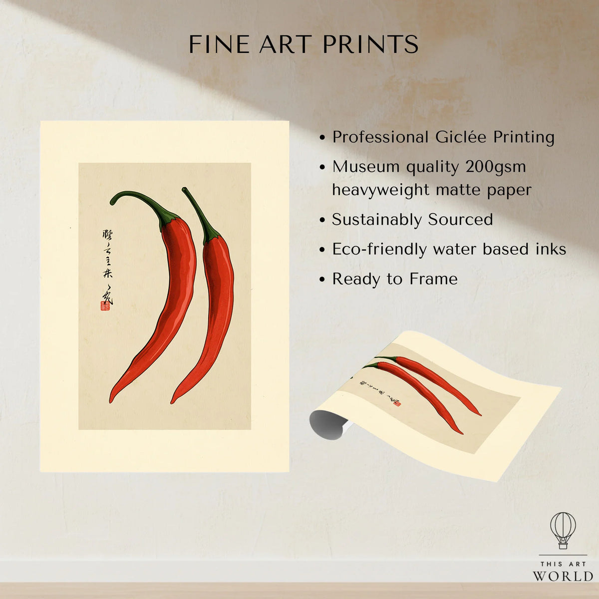Chilli Pepper Wall Art – Minimalist Japanese Kitchen Print — fine art print unframed quality details